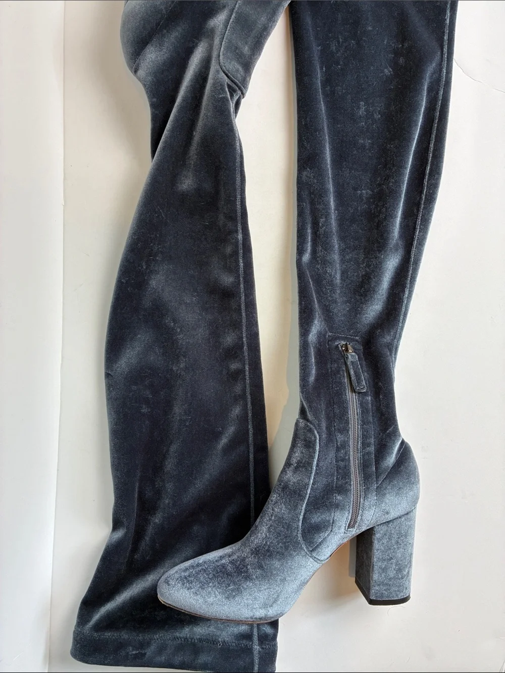 Aquazzura So Me Boots Stretch Velvet sz 36.5 Blue Gray Over The Knee Maximalist